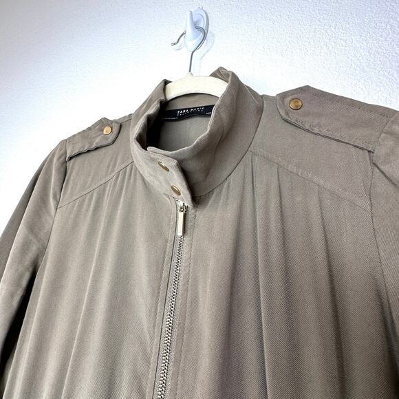 Zara Olive Green 3/4 Cuffed Sleeve Collared Zip Cinch Waist Jacket XS - Picture 5 of 13